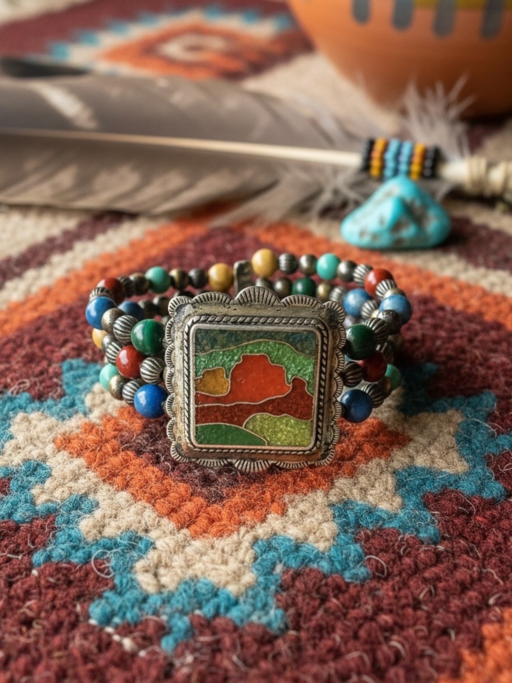 Carolyn Pollack Multicolor Turquoise Red Green Beaded Bracelet w/ Dressert scene